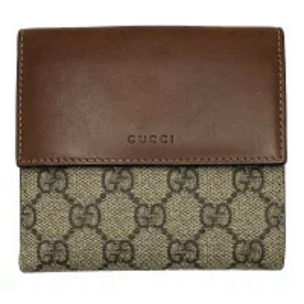 GUCCI GG Supreme Bi fold Wallet Double Snap Closure Leather Beige Brown